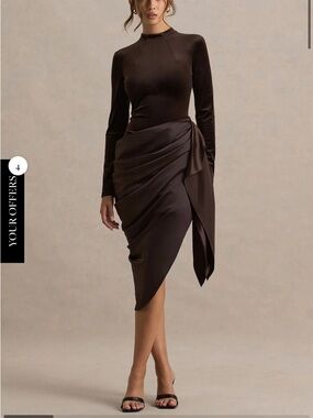 Club L London Chocolate Brown Asymmetrical Draped Midi Dress